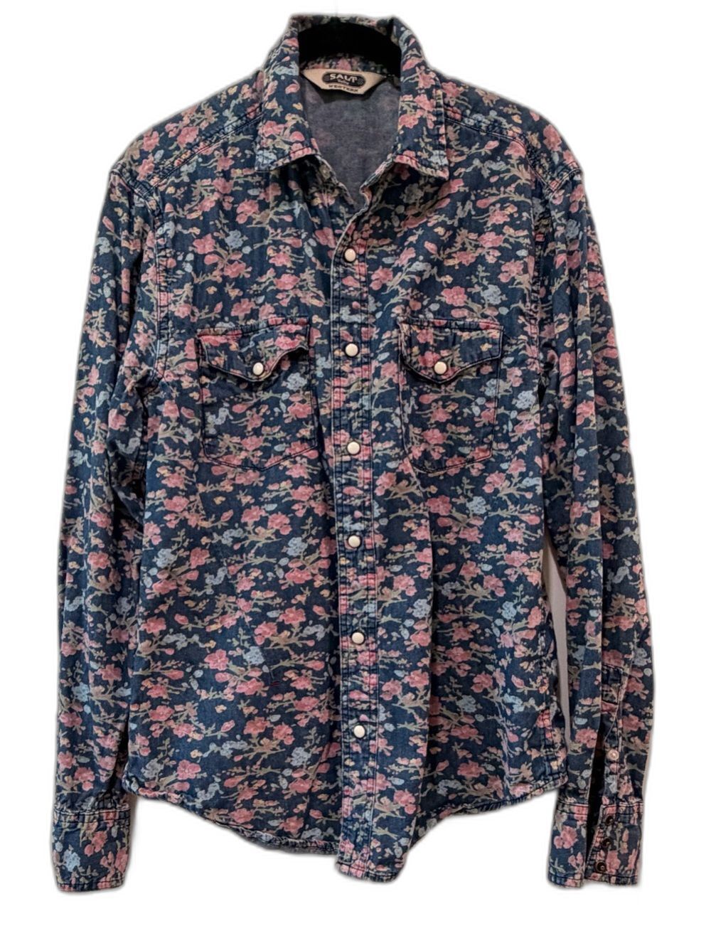 Salt Valley Western Floral Print Pearl Snap Chambray Denim Shirt Small